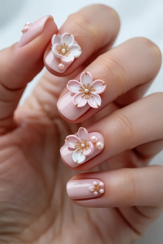 Soft pink nails with 3D cherry blossom flowers