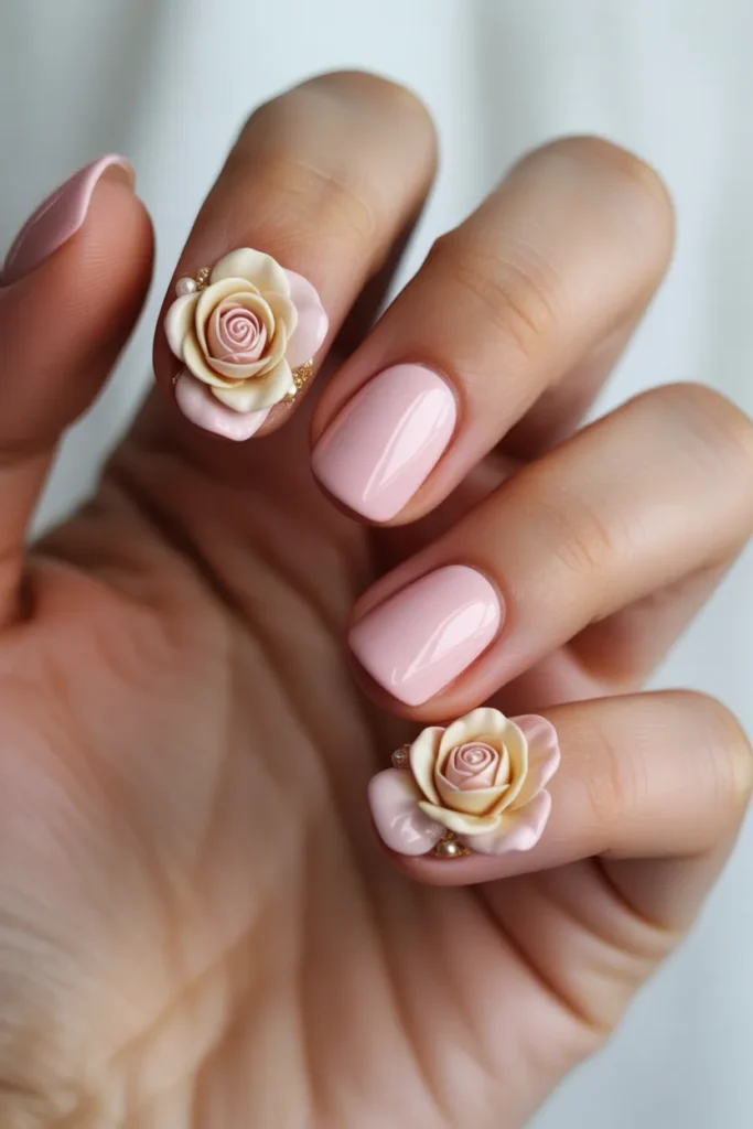Soft pink nails with delicate 3D rose flowers