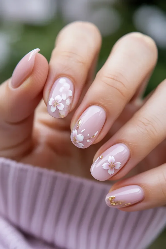 Soft pink nails with delicate cherry blossom flowers