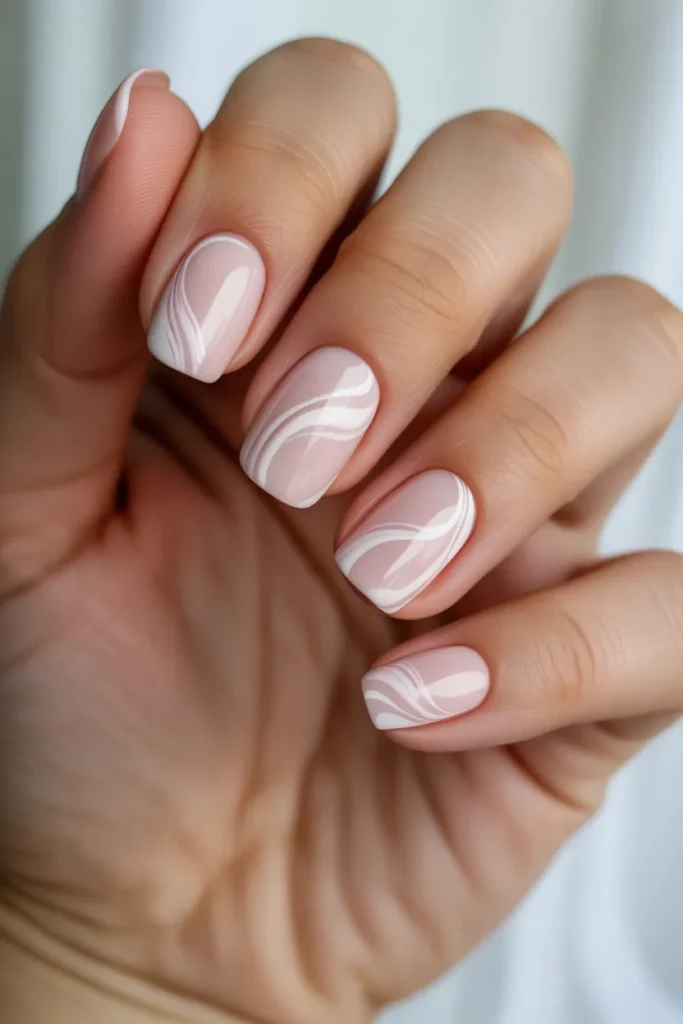 Soft pink nails with white swirl designs