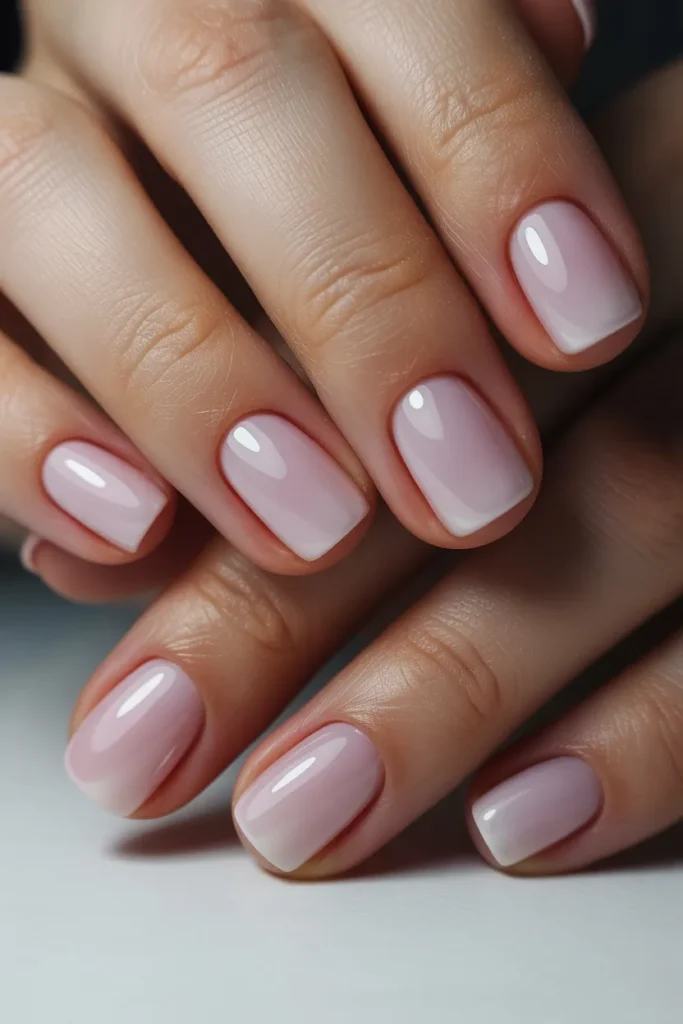 Soft pink ombre short square nails with gradient fade