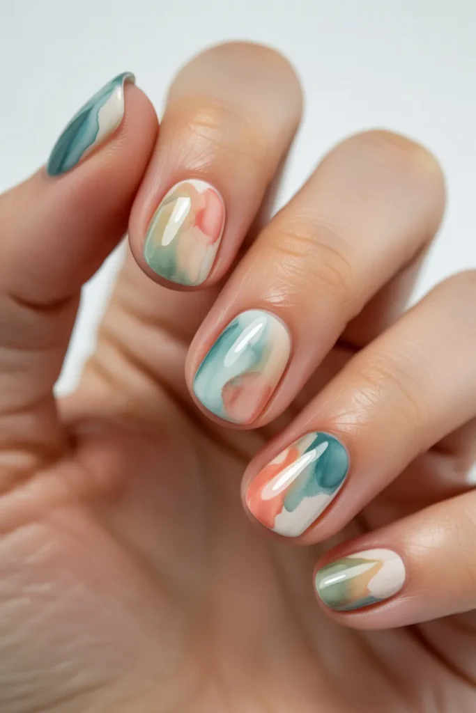 Soft watercolor blend of ocean colors on nails