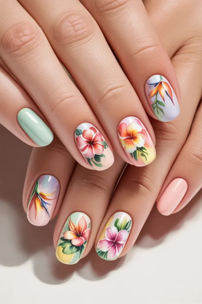 Soft watercolor tropical flowers on pastel base