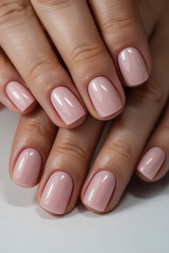 Solid baby pink glossy nails on short square-shaped nails