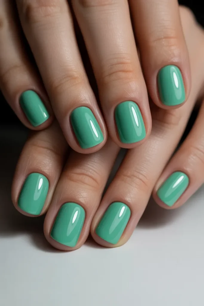 Solid mint green nails with glossy finish on short nails
