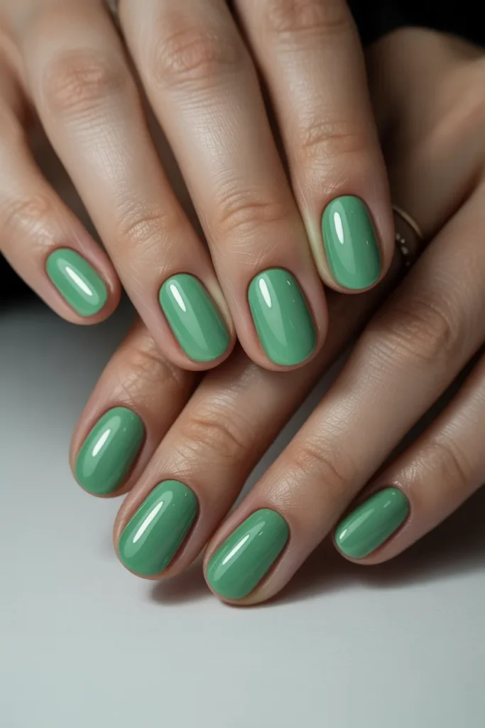 Solid mint green nails with glossy shine