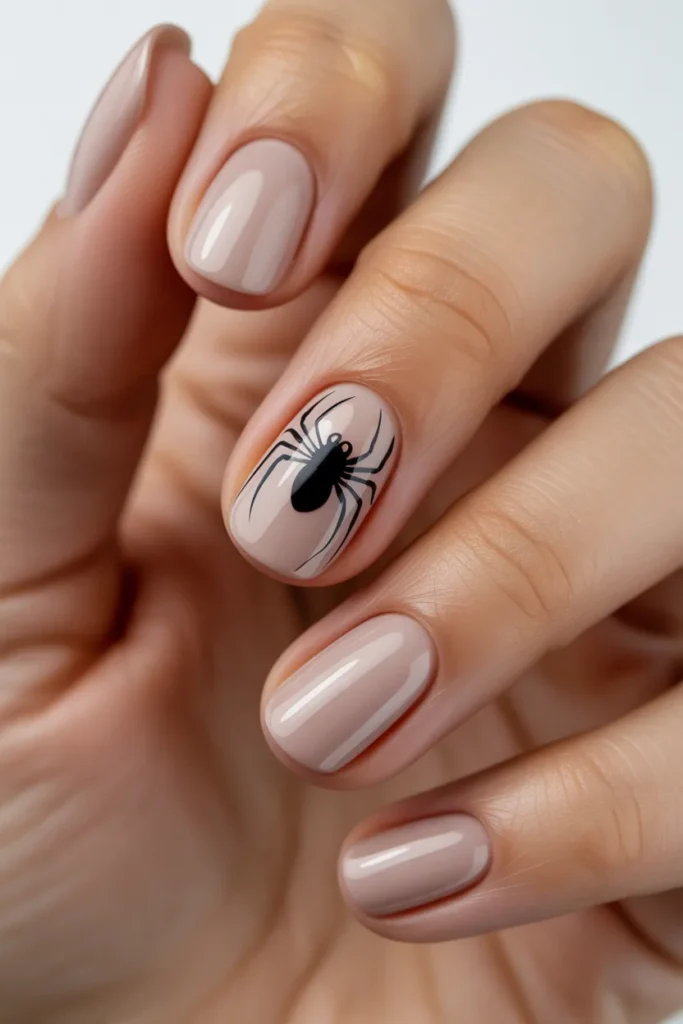 Spider nail art, black spider on nude nail