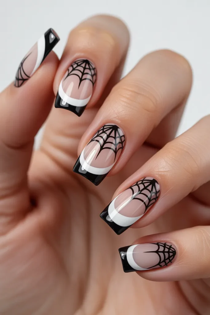 Spider web French tip nails, black and white design
