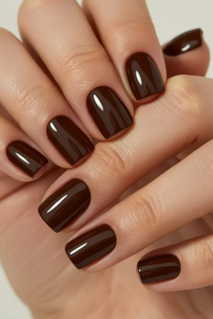 Square-shaped nails in deep chocolate brown