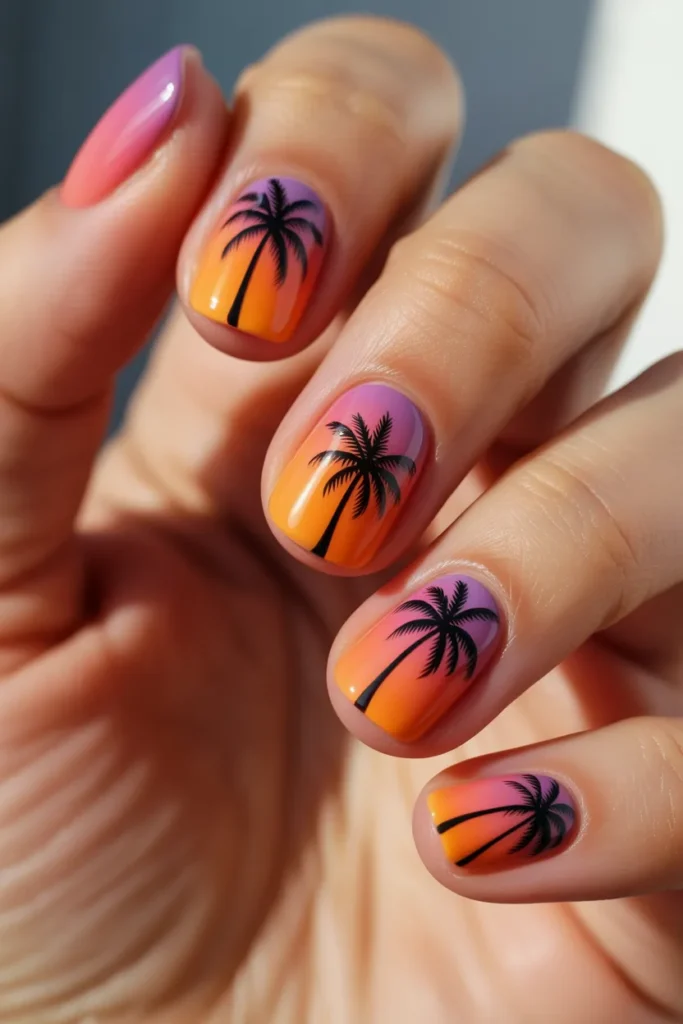 Sunset gradient nails with black palm tree silhouettes
