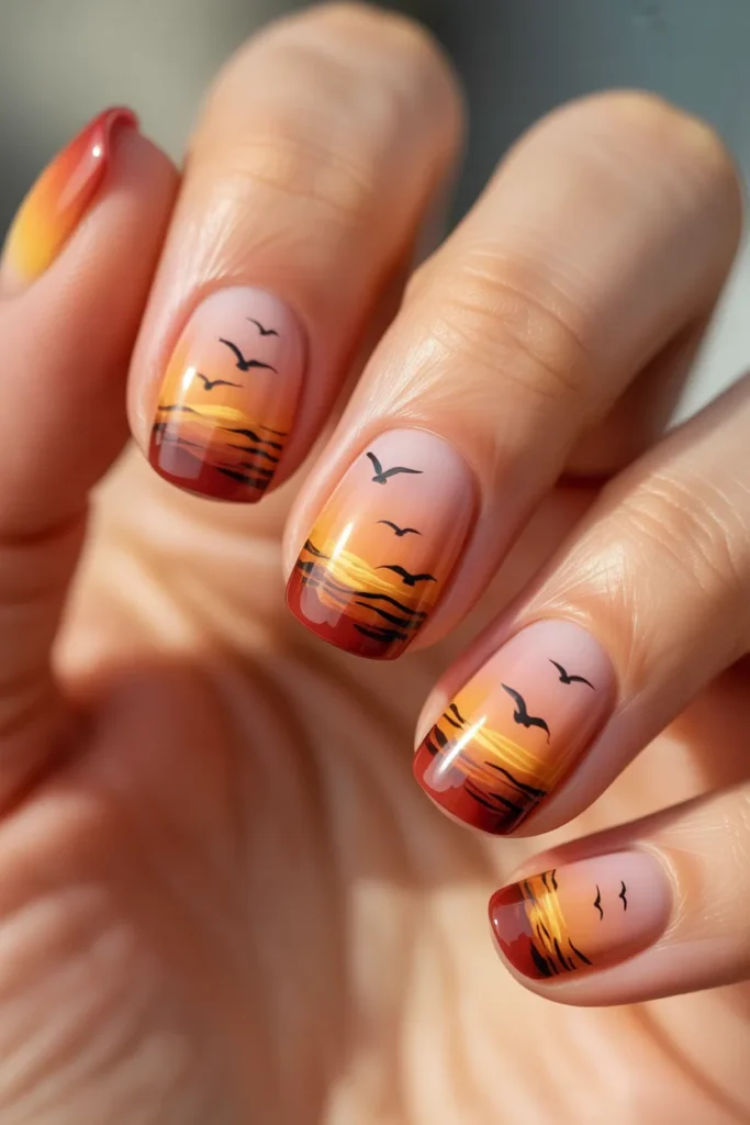 Sunset nails with silhouettes of birds and waves