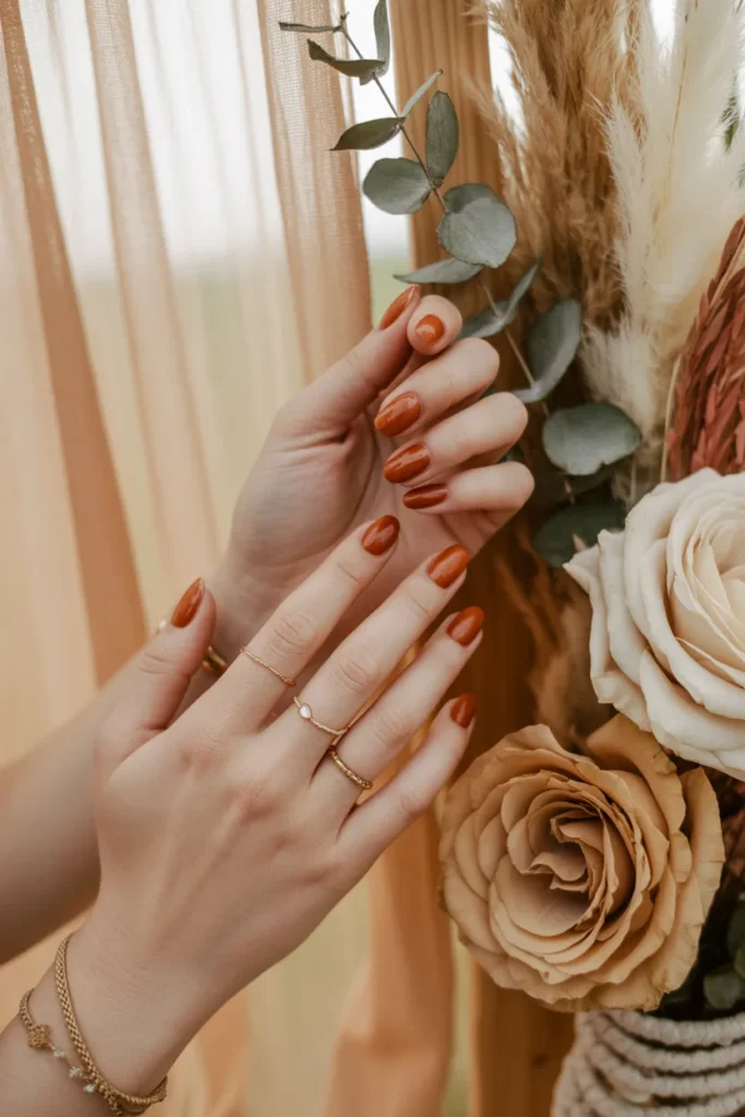 Terracotta nails, warm earthy palette, boho wedding