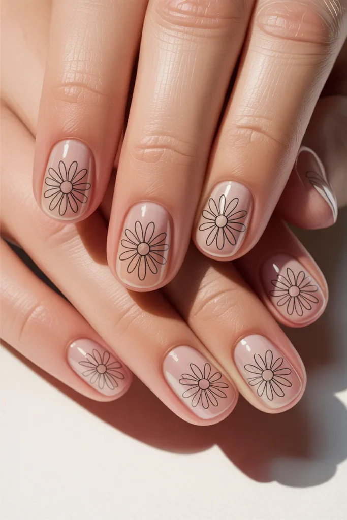 Thin outline daisy designs on nails, minimalist and modern line art style