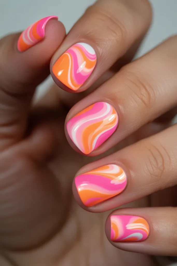 Tie-dye effect using neon pink, orange, and white