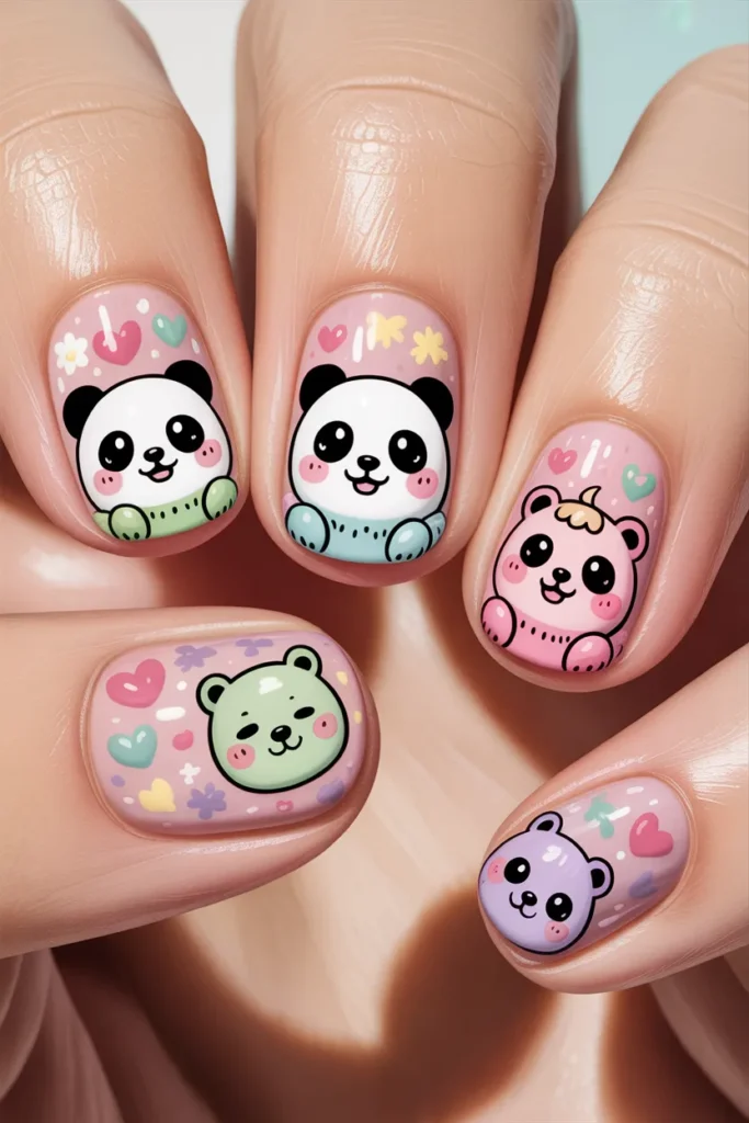Tiny animal illustrations on nails, kawaii Japanese style