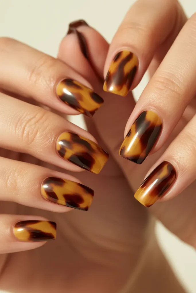 Tortoiseshell nail art in amber and chocolate shades