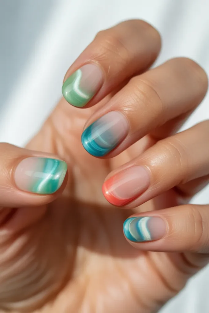 Transparent colored nails in ocean shades