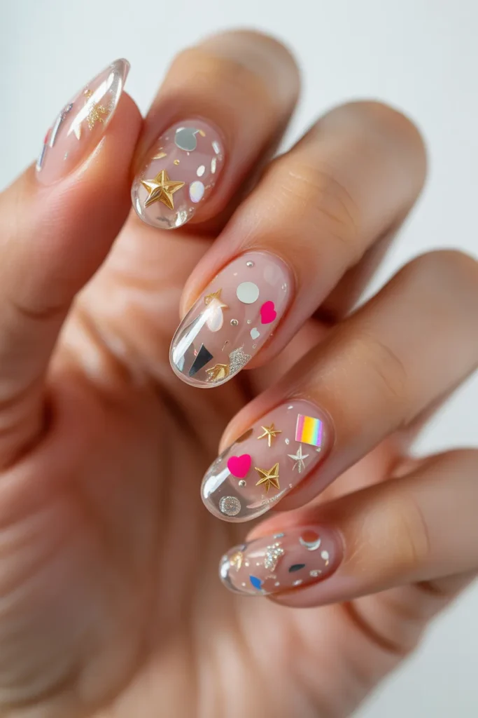 Transparent jelly nails with embedded colorful confetti