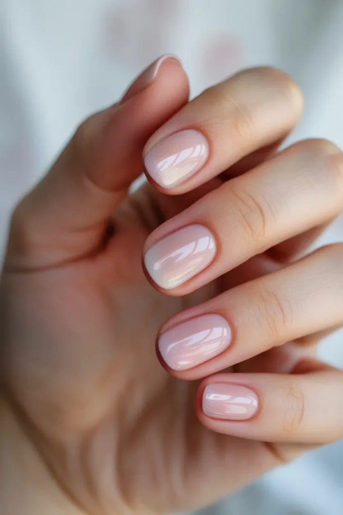 Transparent jelly nails with pink blush gradient