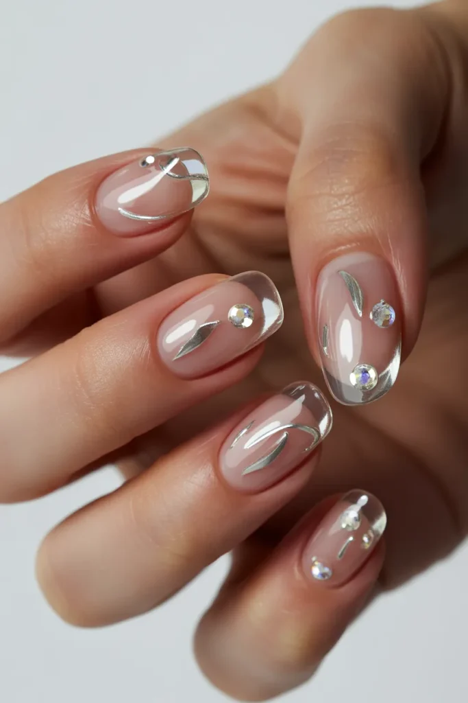 Transparent nails with embedded crystals