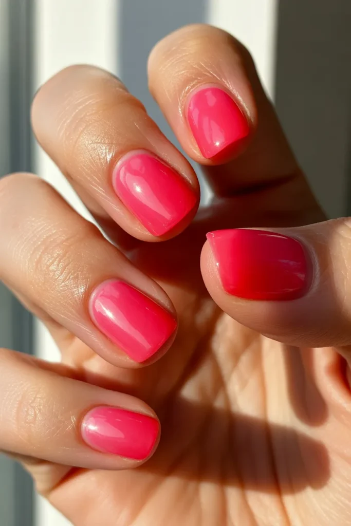 Transparent neon pink jelly nails glowing in sunlight