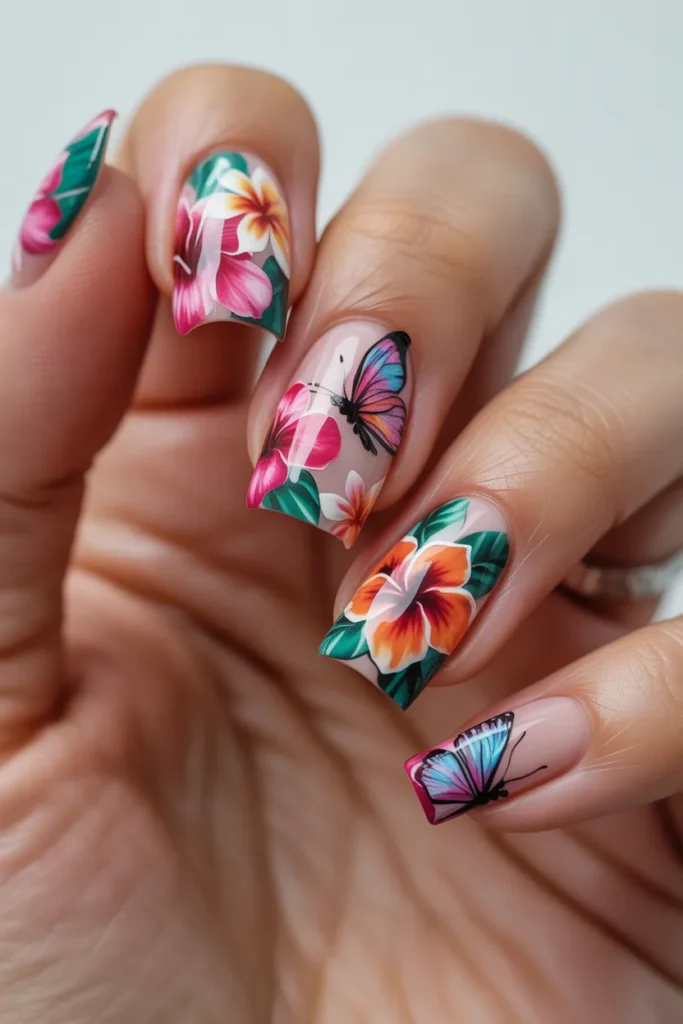 Tropical flowers nails with butterfly art