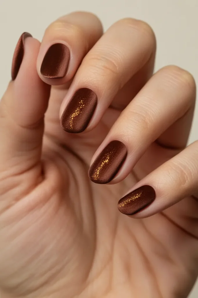 Velvet effect brown nails with soft shimmer