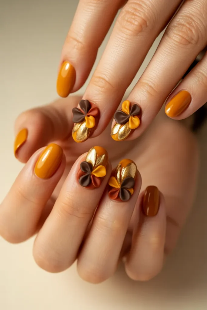 Warm-toned nails with 3D flowers in orange