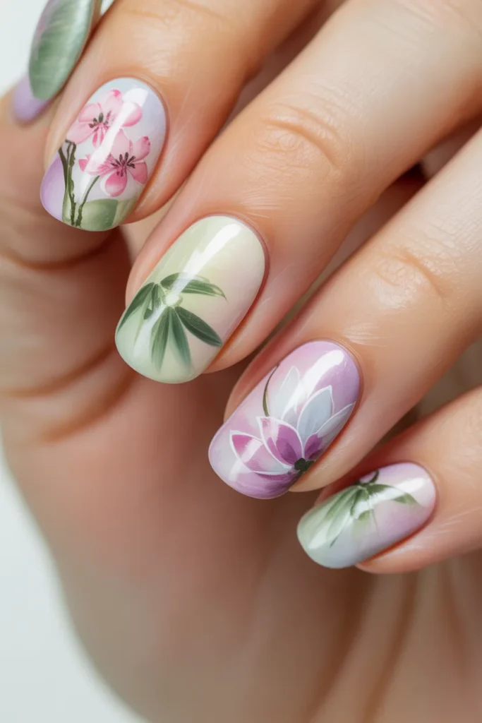 Watercolor-style floral nail art, soft blended colors