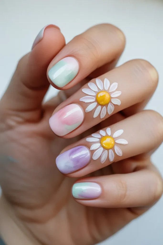 Watercolor-style nails with soft blended colors and painted daisy flowers