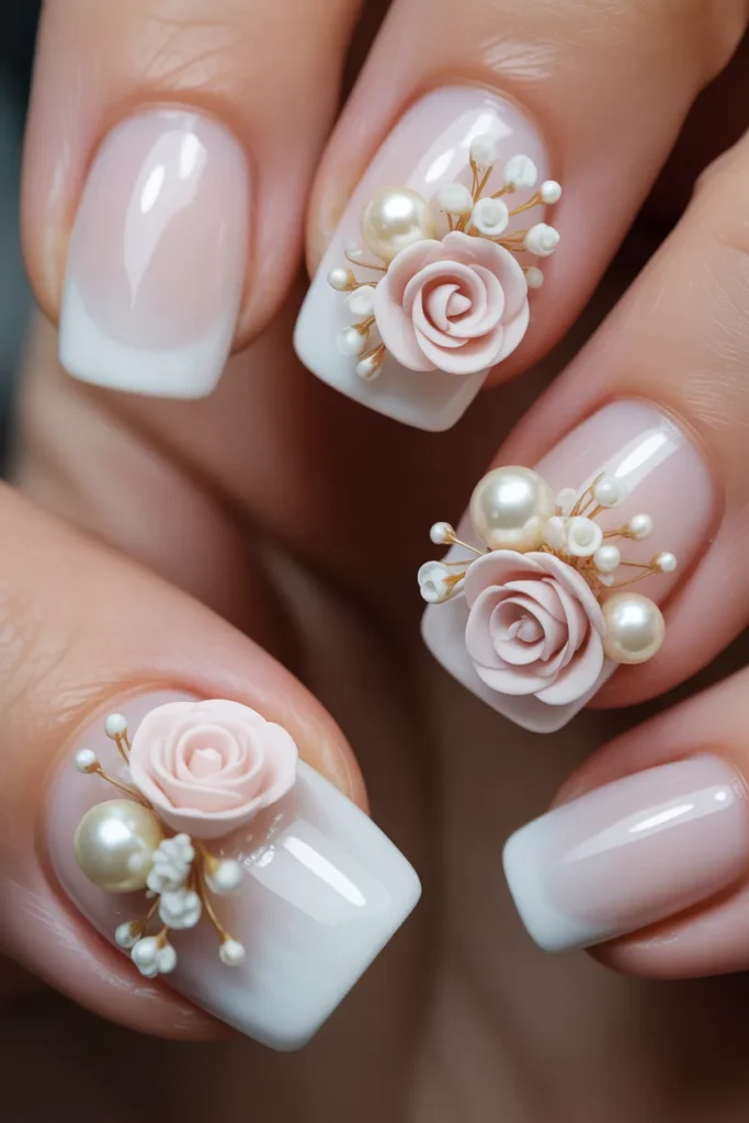 White and blush nails with 3D flowers and pearl embellishments