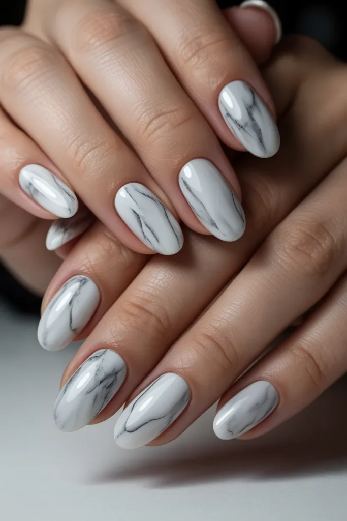 White marble oval nails grey veins