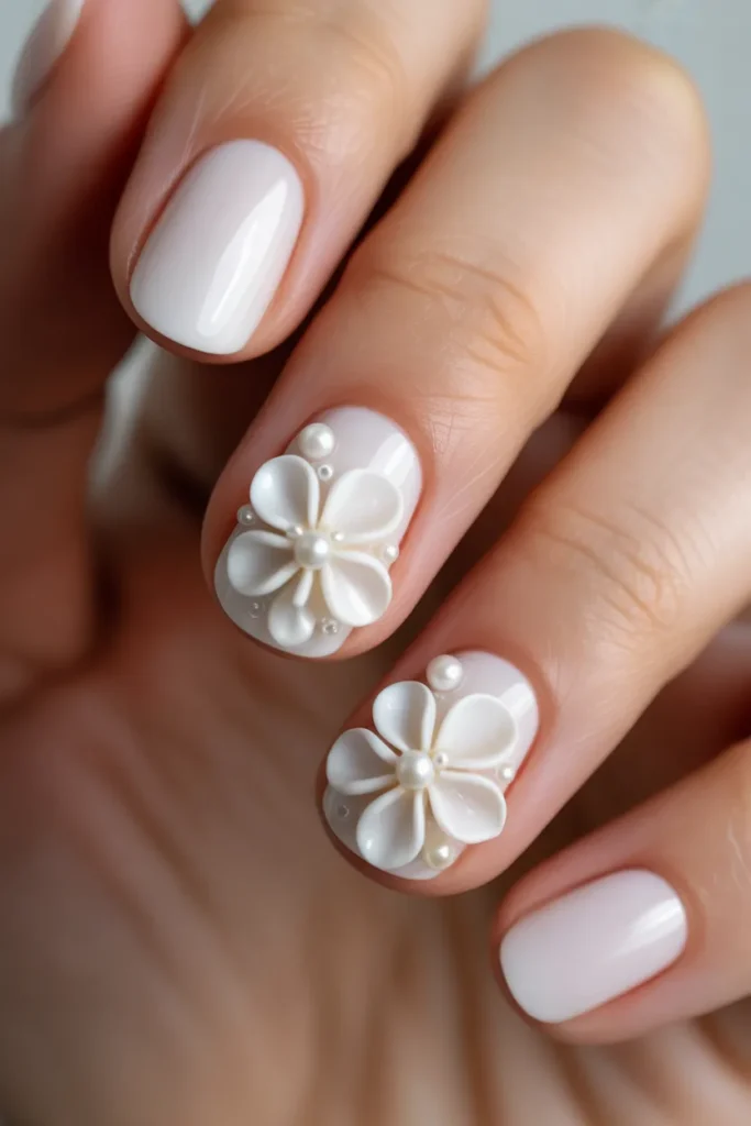 White nails with 3D white flowers and pearl accents