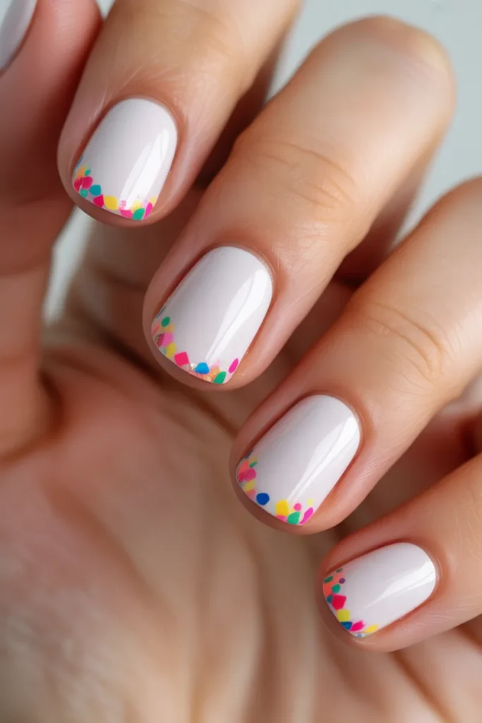White nails with bright multicolor confetti
