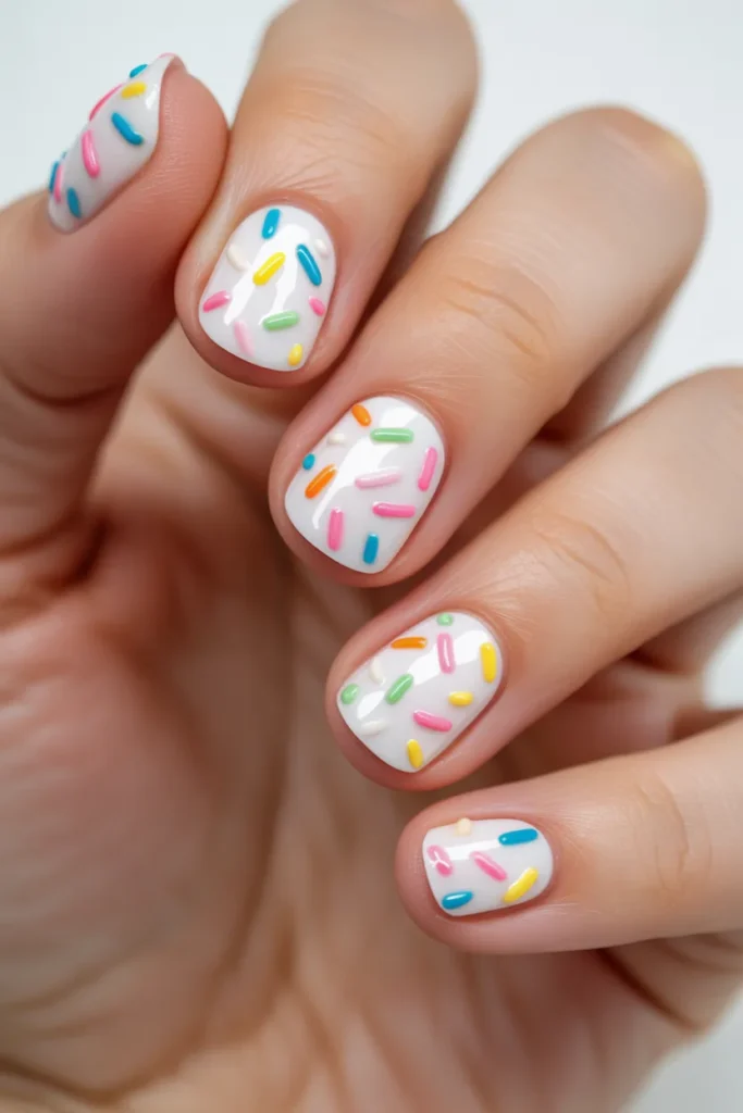 White nails with colorful sprinkles resembling cake decoration