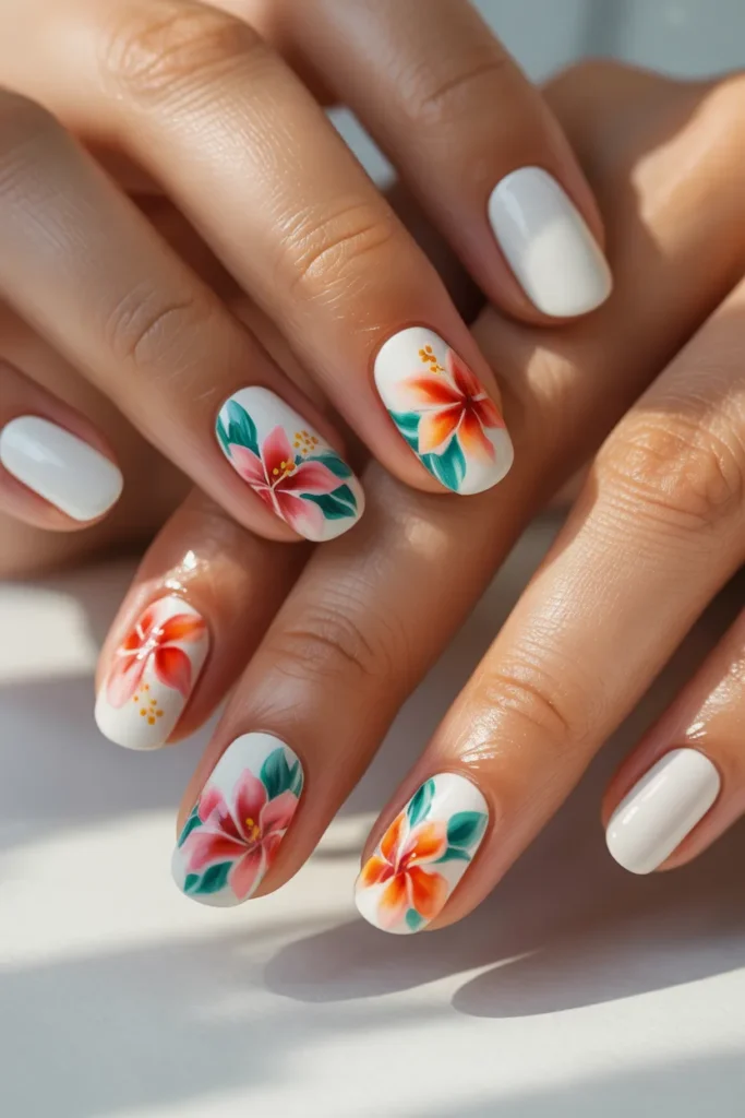 White nails with colorful tropical flowers
