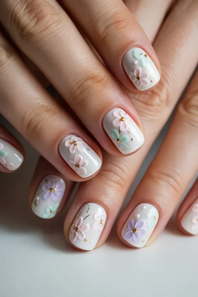 White nails with small pastel flowers