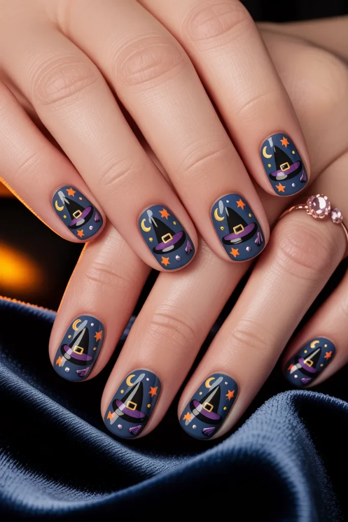 Witch hat nail design, cute Halloween nails