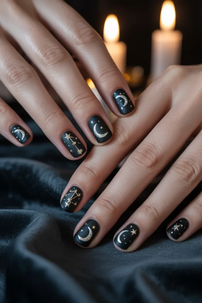 Witchy nail art, crescent moons, stars, black nails