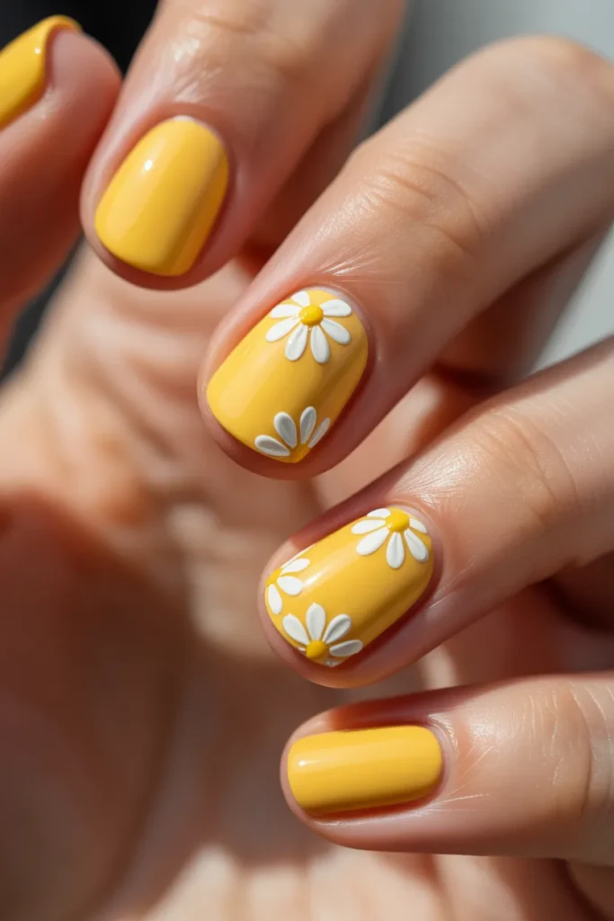 Yellow base nails with white daisy accents