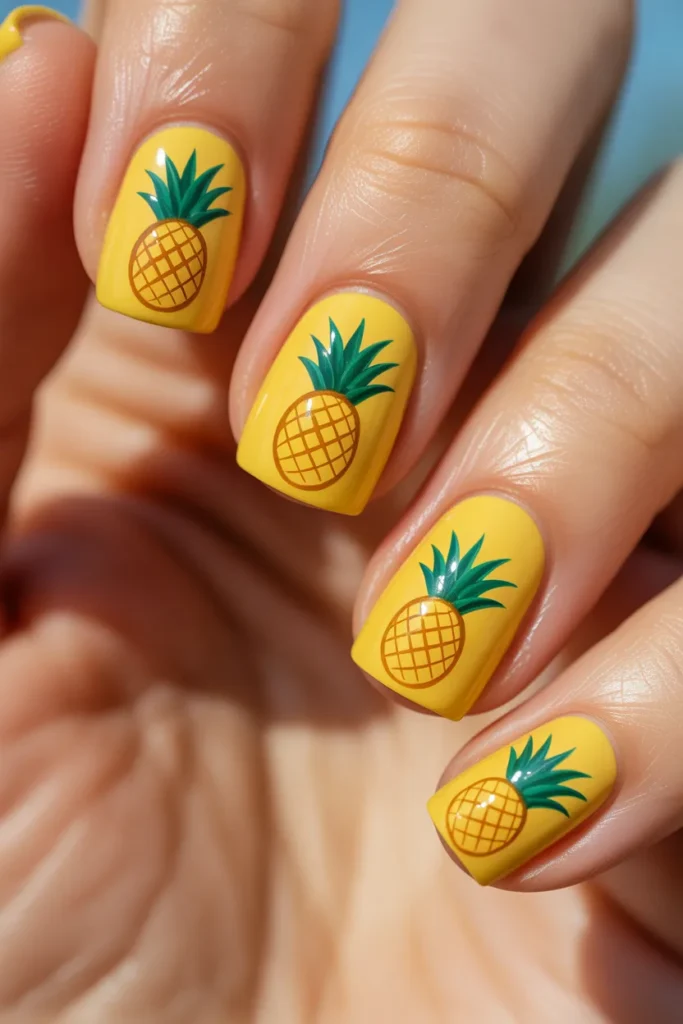Yellow nails with cute pineapple drawings