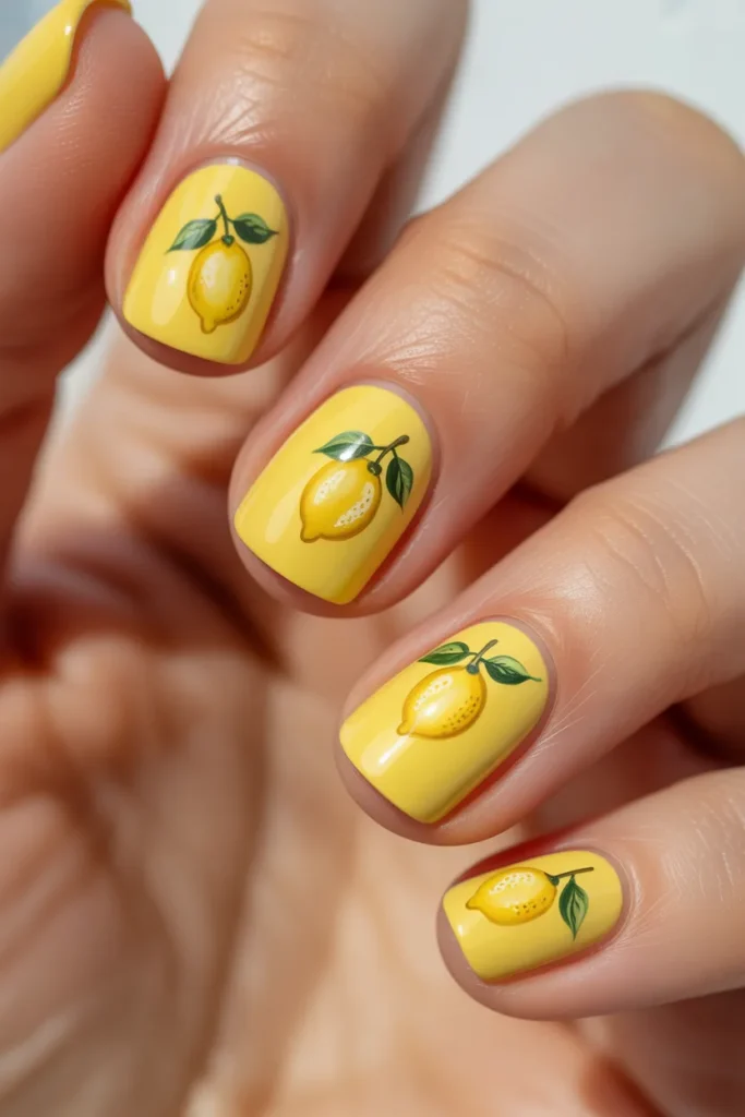 Yellow nails with tiny lemon illustrations