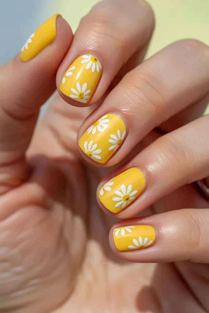 Yellow nails with white daisy nail art