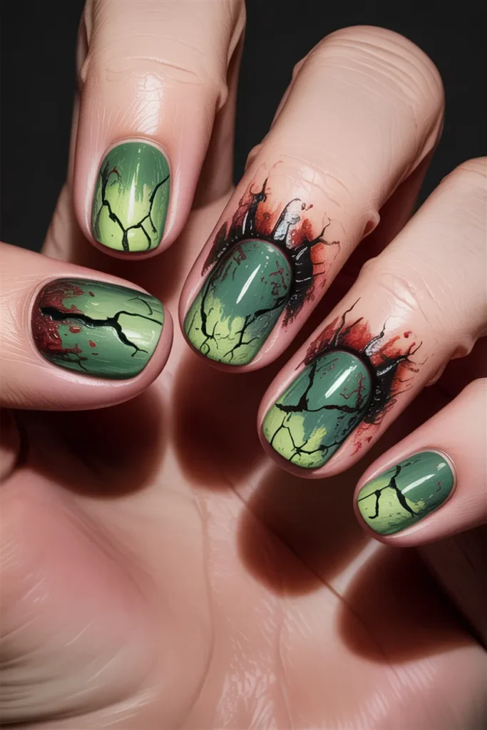 Zombie nail art, cracked effect, green nails