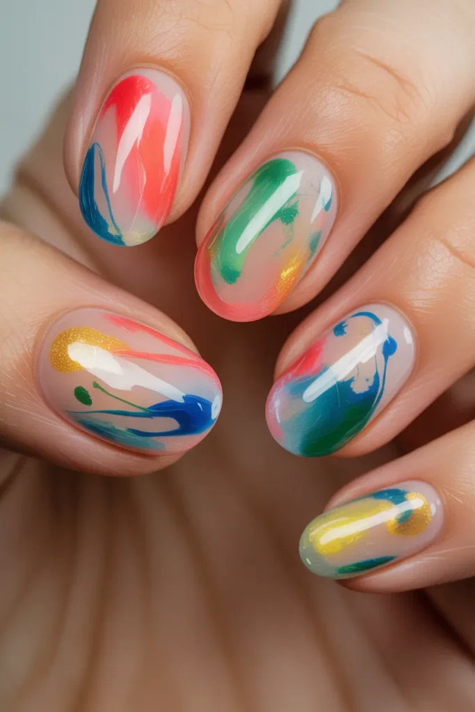 abstract art jelly nails, colorful translucent brush strokes