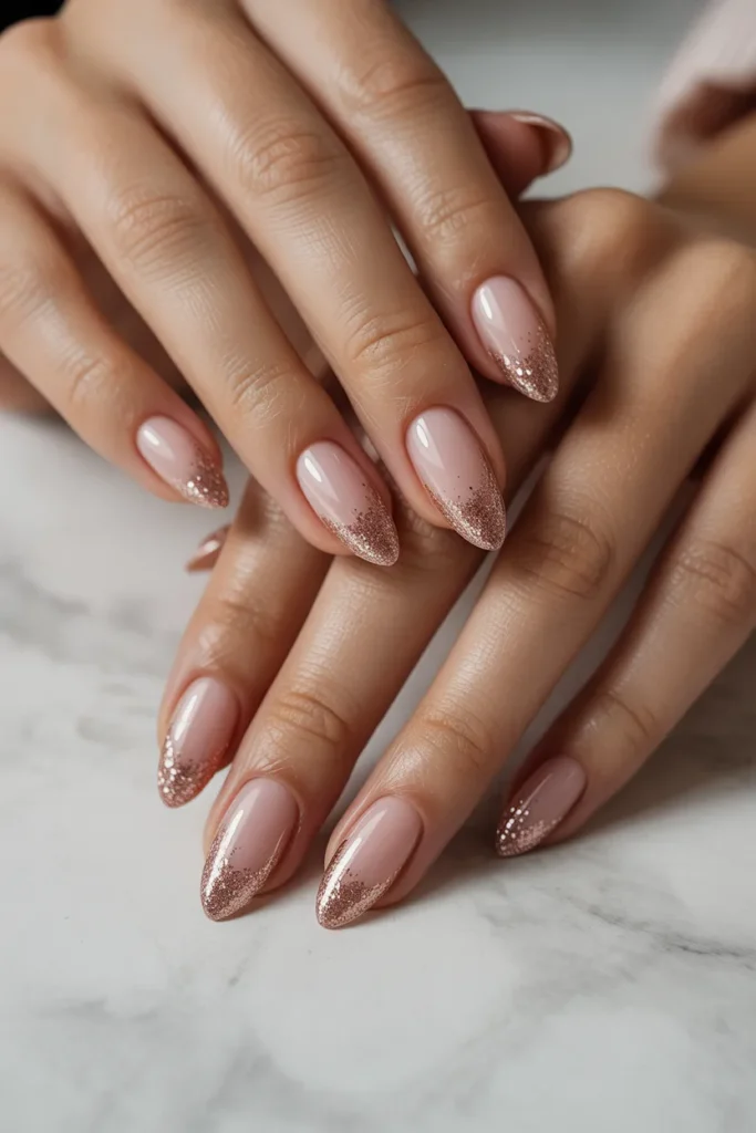 almond nails pink glitter tips