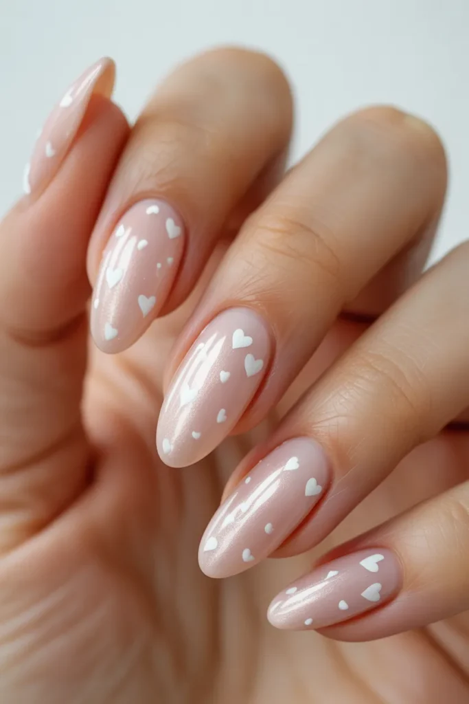 almond nails tiny hearts design