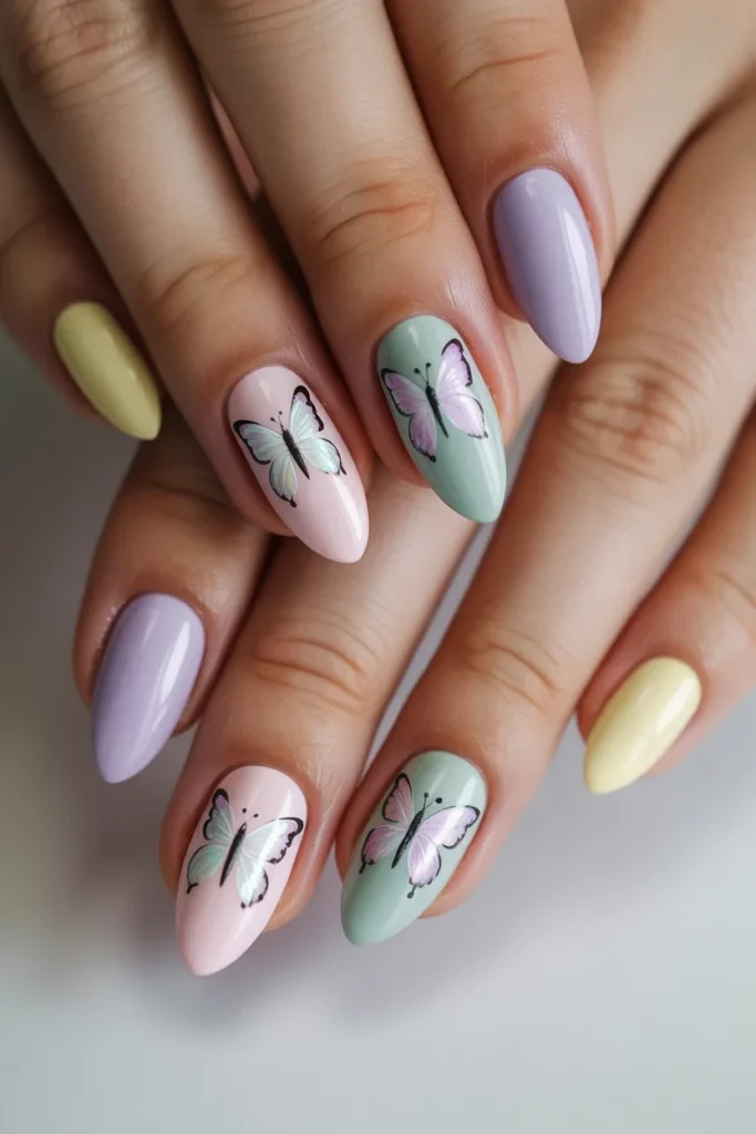 almond nails with butterfly design, pastel base