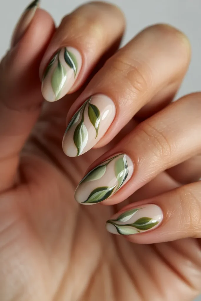 almond nails with green leaves design