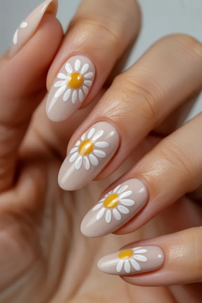  almond nails with small daisy flowers